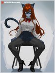 anthro blue_border border bottomwear business_suit chair clothing eyewear female footwear furniture glasses high_heels legwear pantyhose secretary shirt shoes skirt solo suit tail topwear monarquis momo_(monarquis) felid mammal pantherine snow_leopard 3:4 absurd_res digital_drawing_(artwork) digital_media_(artwork) hi_res