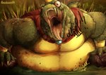 anthro belly biceps big_belly burping green_body green_scales lying male mouth_shot musclegut muscular muscular_anthro muscular_male obese on_front open_mouth outside overweight overweight_anthro overweight_male pecs rumbling_stomach scales solo teeth tongue vore pardusliberty donkey_kong_(series) nintendo king_k._rool crocodile crocodilian reptile scalie 2024 signature