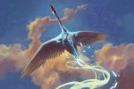 ambiguous_gender cloud feathered_wings feathers feral flying glowing low-angle_view magic markings outside sky skyscape solo wings peter_mohrbacher hasbro magic:_the_gathering wizards_of_the_coast anatid anseriform anserinae avian bird swan official_art