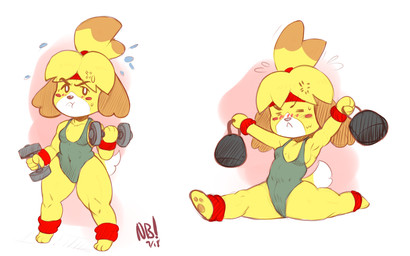 accessory anthro athletic_wear biped blonde_hair blush blush_stickers bodily_fluids breasts brown_ears brown_hair clothed clothed_anthro clothed_female clothing cross-popping_vein dipstick_tail exercise exercise_clothing female female_anthro fitness flexible floppy_ears flying_sweatdrops fur hair headband holding_object leg_warmers legwear leotard long_ears looking_at_viewer markings multicolored_hair multicolored_tail pawpads ponytail shortstack shortstack_female simple_background small_breasts solo splits spread_legs spreading sweat sweatdrop tail tail_markings tight_clothing two_tone_hair two_tone_tail vein weights white_background white_body white_fur white_tail workout workout_clothing wristband yellow_body yellow_fur yellow_tail nerdbayne animal_crossing nintendo isabelle_(animal_crossing) canid canine canis domestic_dog mammal shih_tzu toy_dog 2018 digital_media_(artwork) hi_res signature