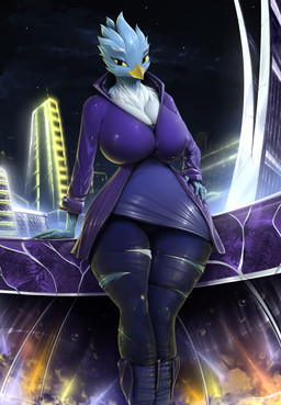 anthro beak big_breasts blue_body blue_bottomwear blue_clothing blue_feathers blue_fingers blue_pants bottomwear breasts city clothed clothed_anthro clothed_female clothing coat feathers female female_anthro fully_clothed fully_clothed_anthro fully_clothed_female futuristic futuristic_city hand_on_hip hand_on_own_hip hand_on_railing huge_breasts leaning_on_railing night nipple_outline pants purple_clothing purple_coat purple_outfit purple_shirt purple_topwear shirt solo topwear torn_bottomwear torn_clothing torn_pants white_body white_breasts white_feathers yellow_beak yellow_eyes drakonst rakurai_stormfeather_(davjo) avian bird absurd_res hi_res