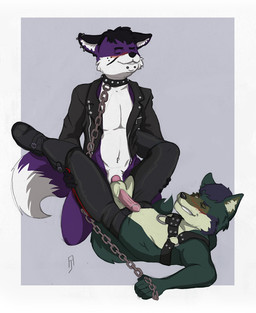 anal anal_penetration balls bdsm bodily_fluids bondage bound chain chain_leash chaps clothing collar dominant duo facial_piercing genital_fluids genitals harness humanoid_genitalia humanoid_penis jacket leash leash_pull leashed_top leather leather_clothing leather_daddy leather_jacket leather_topwear light_bondage male male/male male_penetrated male_penetrating male_penetrating_male penetration penis piercing power_bottom sex topwear irhileth canid canine canis fox mammal wolf