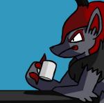 ambiguous_gender anthro biped black_outline blue_background canid canine coffee_mug container cup digital_media_(artwork) frown fur furniture generation_5_pokemon grey_body grey_fur hair half-length_portrait holding_container holding_cup holding_object humor low_res mammal meme nintendo outline pokemon pokemon_(species) portrait reaction_image red_hair side_view simple_background sitting solo source_request table too_early_for_this unknown_artist zoroark ಠ_ಠ