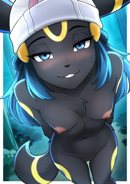 alternate_species anthro anthrofied areola breasts clothing female female_anthro fur furrification genitals hair hat headgear headwear looking_at_viewer nipples nude pink_areola pink_nipples pokemorph small_breasts smile solo tail vulva themysteriousdee nintendo pokemon dawn_(pokemon) pokemon_trainer eeveelution generation_2_pokemon mammal pokemon_(species) umbreon hi_res