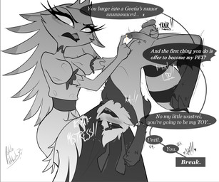 angry antennae_(anatomy) anthro ball_grab ballbusting balls beak blush bodily_fluids circumcised clothed clothed_female clothing cock_and_ball_torture crown dialogue disgust dominant dominant_female dress duo erection feathers female fingering fully_clothed genital_fluids genital_torture genitals happy headgear honey_precum looking_at_another male male/female multicolored_body nude_anthro nude_male open_mouth penis precum presenting side_view simple_background sitting submissive submissive_male text tuft unusual_bodily_fluids unusual_genital_fluids unusual_precum urethral urethral_fingering potatonebula hellaverse helluva_boss jaiden_(radiown) stella_(helluva_boss) arthropod avian bee demon hymenopteran insect artist_name english_text greyscale monochrome