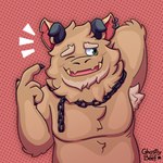 2_horns 3_toes 4_fingers absurd_res anthro arm_tuft armpit_hair beard belly black_claws black_horn blonde_armpit_hair blonde_beard blonde_eyebrows blonde_facial_hair body_hair chain_necklace chest_tuft claws demon ear_piercing elbow_tuft eyebrows facial_hair fangs feet fingers fluffy fur ghostlybeef green_eyes hi_res horn hybrid jewelry male musclegut muscular muscular_male neck_tuft necklace nervous notched_ear open_mouth open_smile piercing shy slightly_chubby smile solo tan_body tan_fur tan_teeth teeth toes tuft yellow_teeth zelrog_dirtpaw