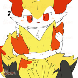 ambiguous_gender anthro black_body black_fur blush dipstick_tail duo evolutionary_family eyes_closed feet feral front_view fur inner_ear_fluff kemono markings multicolored_body multicolored_fur musical_note musical_symbol open_mouth petting red_body red_eyes red_fur red_inner_ear_fluff red_tail simple_background size_difference smile symbol tail tail_markings tail_motion tailwag tuft white_background white_body white_fur yellow_body yellow_ears yellow_fur yellow_tail tontaro nintendo pokemon braixen canid canine fennekin generation_6_pokemon mammal pokemon_(species) 1:1 2d_animation animated frame_by_frame signature watermark