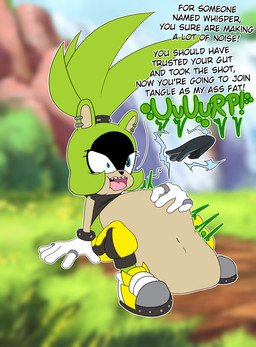 abdominal_bulge after_vore anthro black_clothing black_gloves black_handwear black_shirt black_topwear blue_eyes blurred_background bottomwear burping clothing dialogue digestion electricity electricity_manipulation elemental_manipulation female female_anthro female_pred female_prey footwear fur gloves green_body green_fur hand_on_belly handwear motion_lines outside pants sharp_teeth shirt shoes sitting sneakers solo teeth text topwear vore white_clothing white_gloves white_handwear yellow_bottomwear yellow_clothing yellow_footwear yellow_pants yellow_shoes yellow_sneakers prismrose idw_publishing sega sonic_the_hedgehog_(comics) sonic_the_hedgehog_(idw) sonic_the_hedgehog_(series) surge_the_tenrec tangle_the_lemur whisper_the_wolf afrosoricid lemur mammal primate ring-tailed_lemur strepsirrhine tenrec 2025 absurd_res colored english_text hi_res