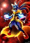 ambiguous_gender anthro aura_sphere black_body black_fur blue_body blue_fur energy_ball fur pokemon_move red_body red_eyes red_fur solo yellow_body yellow_fur haychel nintendo pokemon canid canine generation_6_pokemon mammal mega_evolution mega_lucario pokemon_(species) 2013 digital_media_(artwork)