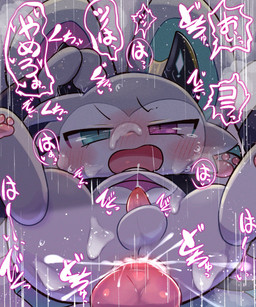 animal_genitalia animal_penis anthro anthro_focus anthro_on_anthro anthro_penetrated anthro_penetrating anthro_penetrating_anthro balls belly_eye biped black_horn blush bodily_fluids butt canine_genitalia canine_penis chibi cum cum_in_ass cum_inside cum_on_butt cum_splatter cum_while_penetrated cumshot digitigrade disembodied_penis duo ejaculation feet front_view fur genital_fluids genitals green_eyes green_inner_ear grey_balls grey_body grey_fur heterochromia hindpaw horn horn_fetish horn_play knot knotted_penis male male/male male_focus male_penetrated male_penetrating male_penetrating_male moan narrowed_eyes onomatopoeia open_mouth pawpads paws penetration penis pink_penis purple_eyes purple_inner_ear sex solo_focus sound_effects text white_body white_fur badwingm devil_connection makemon devilun_(makemon) summoner_(devil_connection) 2026 digital_drawing_(artwork) digital_media_(artwork) hi_res japanese_text