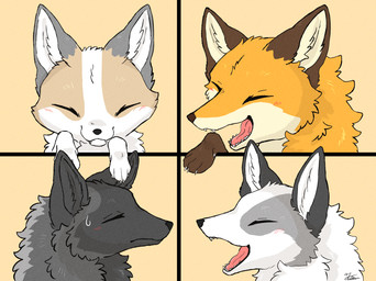 ambiguous_gender black_body black_fur black_nose blush bodily_fluids brown_body brown_fur cheek_tuft claws countershading eyes_closed facial_tuft fangs feet feral fluffy fur grey_body grey_fur group inner_ear_fluff multicolored_body multicolored_fur neck_tuft open_mouth orange_body orange_fur paws pink_tongue simple_background smile sweat sweatdrop tan_body tan_fur teeth toes tongue tuft white_body white_fur fusau canid canine fox mammal platinum_fox red_fox silver_fox true_fox 2026 digital_media_(artwork) hi_res
