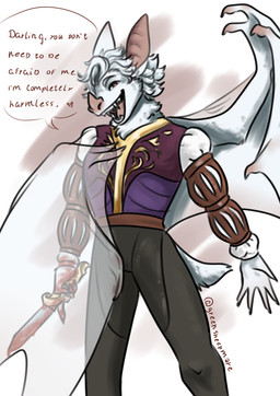anthro anthrofied blood bodily_fluids dagger fur heart_symbol male melee_weapon red_eyes solo text weapon white_body white_fur wings greensheepmare baldur's_gate baldur's_gate_3 bioware electronic_arts larian_studios astarion_(baldur's_gate) batstarion bat leaf-nosed_bat mammal microbat vampire_bat yangochiropteran absurd_res english_text hi_res