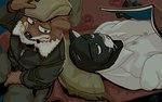 anthro black_body black_fur clothed clothing duo fur headgear headwear jacket lying male on_back reading smile topwear whiskers vetiver_n john_blacksad weekly domestic_cat felid feline felis least_weasel mammal mustelid musteline true_musteline weasel hi_res