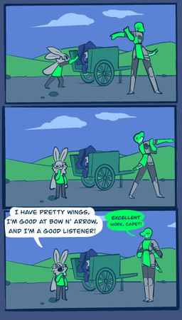 anthro armor cart complimenting_self dialogue female grass hill male outside plant speech_bubble stretching text vanilla_candy unicorn_blood_(comic) bean_(vanilla_candy) briar_(vanilla_candy) arthropod insect lepidopteran moth reptile scalie snake absurd_res comic english_text hi_res restricted_palette