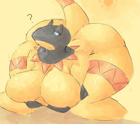 bent_over big_breasts big_butt blue_eyes breasts butt female huge_breasts huge_butt hyper hyper_butt looking_away mature_female non-mammal_breasts question_mark raised_tail sitting solo sun tail thick_thighs wide_hips signirsol nintendo pokemon agamid frilled_lizard generation_6_pokemon heliolisk lizard pokemon_(species) reptile scalie