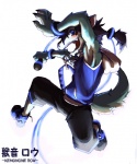 anthro bottomwear clothing electronics fangs hair hoodie looking_at_viewer male microphone open_mouth ponytail shorts simple_background solo tail teeth topwear white_background tokonatu utau rou_kemonone canid canine canis mammal wolf hi_res