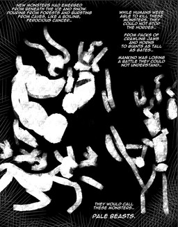 ambiguous_gender axe cave_painting feral fight group holding_axe holding_object lore text thevarking human humanoid mammal monster 2025 black_and_white english_text hi_res monochrome story
