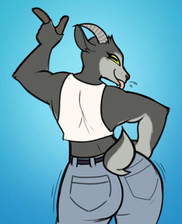 anthro belt big_butt blue_background bodily_fluids bottomwear butt clothing crop_top denim denim_bottomwear denim_clothing female fingers fur gradient_background grey_body grey_fur hooved_fingers hooves horizontal_pupils horn jeans looking_at_viewer looking_back looking_back_at_viewer motion_lines motion_outline narrowed_eyes pants pupils saliva scut_tail shirt short_tail simple_background solo tail tongue tongue_out topwear yellow_eyes skyhighstella coffee_stain_studios epic_games fortnite goat_simulator pilgor_(goat_simulator) bovid caprine goat mammal 2026 hi_res