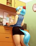 2016 absurd_res anthro anthrofied appliance audrarius blue_eyes blue_hair bottomwear butt butt_pose clock clothed clothing coco_pommel_(mlp) container cup earth_pony equid equine female friendship_is_magic hair hasbro hi_res horse inside kitchen_appliance mammal microwave_oven my_little_pony paper pencil_skirt pony pose short_hair skirt smile solo