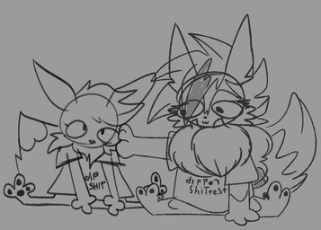 anthro chibi clothed clothing duo female female/female profanity conditional_dnp skoon nintendo pokemon andy_(cassettewaves) cookie_(skoon) eevee generation_1_pokemon generation_7_pokemon hybrid lycanroc midnight_lycanroc pokemon_(species) monochrome sketch trans_(lore) trans_woman_(lore)
