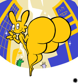 4_fingers anthro big_butt bubble_butt butt cheek_tuft curvy_figure eyelashes facial_tuft femboy fingers fur gesture hand_gesture heart_symbol huge_butt logo looking_at_viewer looking_back looking_back_at_viewer male presenting presenting_hindquarters rear_view small_waist smile solo star_emanata text thick_thighs tuft v_sign wasp_waist yellow_body yellow_fur thatdawgmurray love_peace_and_fighting canid canine canis lagomorph leporid mammal rabbit reptile scalie wolf aliasing artist_logo artist_name digital_media_(artwork) hi_res signature