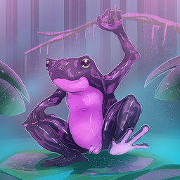 4_fingers 4_toes anthro atelopus_barbotini balls crouching feet fingers flaccid foreskin genitals green_eyes humanoid_genitalia humanoid_penis male penis pink_body pink_skin purple_body purple_skin slime small_penis solo spread_legs spreading toes dakkawoof amphibian frog 1:1 2025 hi_res