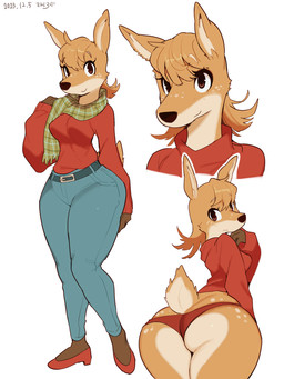 anthro belt bottomwear breasts brown_eyes butt clothing denim denim_bottomwear denim_clothing eyelashes female footwear freckled_butt freckled_face freckles fur green_scarf high_heels jeans long_eyelashes markings panties pants pattern_clothing pattern_scarf plaid plaid_clothing plaid_scarf red_clothing red_footwear red_panties red_sweater red_topwear red_underwear scarf shoes simple_background solo spot_freckles spots spotted_body spotted_butt spotted_face spotted_fur sweater tail topwear underwear white_background sanjiro deer mammal 2023 3:4 dated hi_res