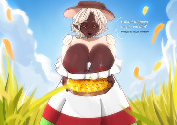 anthro areola areola_slip big_breasts black_breasts black_lips breasts clothing cloud doll doll_joints female field food grass_field hair hat headgear headwear huge_breasts hyper hyper_breasts leaning_towards_viewer lips looking_at_viewer looking_down looking_down_at_viewer manabita_(folklore) napkin object_between_breasts offering_food pastry pie short_hair silverware sky solo tall_female text white_hair yellow_eyes hikariero ali_sharp animate_inanimate bovid caprine living_doll mammal sheep absurd_res english_text hi_res spanish_text