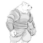 anthro armor bottomwear clothed clothing male muscular muscular_male solo topwear 3000vnd felid mammal prehistoric_species saber-toothed_tiger hi_res monochrome