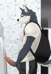 anthro backpack black_nose blue_eyes blush blush_lines bodily_fluids bottomwear clothing erection genitals humanoid_genitalia kemono looking_at_another male pants penis pointy_ears shirt side_eye solo sweat sweatdrop t-shirt throbbing throbbing_penis topwear urinal urinal_peeking nagick_18 canid canine canis domestic_dog husky mammal nordic_sled_dog spitz hi_res