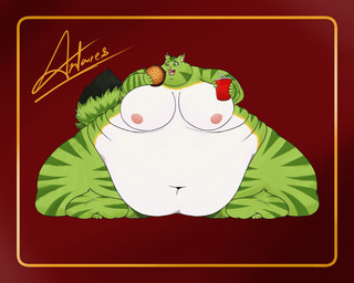 anthro beverage black_body black_fur breasts burger chubby_cheeks eating female fluffy fluffy_tail food fur green_body green_eyes green_fur love_handles morbidly_obese morbidly_obese_anthro morbidly_obese_female navel nipples obese obese_anthro obese_female overweight overweight_anthro overweight_female pink_nipples pink_nose scar simple_background soda solo standing striped_body striped_fur stripes tail thick_thighs white_body white_fur yellow_body yellow_fur antares_alexanyel carol_fatcat felid feline felis mammal wildcat hi_res