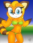 anthro big_breasts bikini black_nose breasts clothed clothing female fur looking_at_viewer navel smile solo standing swimwear two-piece_swimsuit dreameclipsewolf sega sonic_the_hedgehog_(series) marine_the_raccoon mammal procyonid raccoon