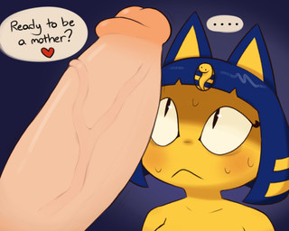 anthro bangs big_penis blue_hair blush bob_cut bodily_fluids dialogue duo egyptian erection female genitals hair heart_symbol huge_penis humanoid_genitalia humanoid_penis imminent_sex impregnation_kink impregnation_request interspecies intimidation looking_at_genitalia looking_at_penis male male/female nude penis penis_awe purple_background simple_background speech_bubble sweat text uraeus yellow_body yellow_inner_ear zlut385 animal_crossing nintendo ankha_(animal_crossing) domestic_cat felid feline felis human mammal 5:4 colored digital_drawing_(artwork) digital_media_(artwork) english_text