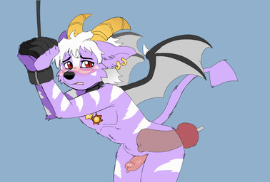 abdominal_bulge anal anal_penetration animal_dildo animal_genitalia animal_penis animal_sex_toy anthro arms_tied big_dildo blush bound canine_dildo canine_genitalia canine_penis dildo femboy fur genitals gold_ear_piercing gold_ear_ring grey_background hair hands_tied horn lube_in_ass lube_on_dildo male male/male penetration penis purple_body purple_fur red_eyes sex_toy simple_background solo striped_body striped_fur stripes white_hair white_stripes wince wings prince-vulpine slightly_damned buwaro_elexion canid canid_demon demon fire_demon mammal animated