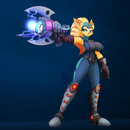 aiming_weapon anthro belt big_breasts blue_eyes boots breasts clothing female footwear fur gloves hair handwear headgear headwear jumpsuit looking_at_another ponytail shoes simple_background solo striped_ears stripes tight_clothing utility_belt weapon yellow_body yellow_fur artsy_madraw ratchet_and_clank sony_corporation sony_interactive_entertainment angela_cross alien lombax mammal 1:1 2026 hi_res signature