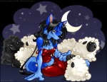 anthro blue_body blue_fur clothed clothing counting female fur group heterochromia insomnia night off_shoulder predator/prey red_eyes sky sleepwear star starry_sky tail tired underwear spunky_(artist) spunky_(spunky) bovid canid canine canis caprine domestic_sheep mammal sheep wolf 2004