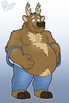 anthro belly belly_hair big_belly body_hair chest_hair clothing hand_on_belly male navel overalls shirtless solo thick_thighs wide_hips thepandobo kent_(pacific_coyote) deer mammal 2023 hi_res