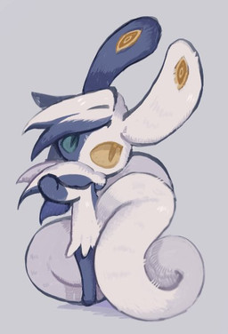 ambiguous_gender anthro bilateral_gynandromorphism biped blue_body blue_eyes blue_fur curled_tail featureless_feet featureless_hands feet fluffy fluffy_tail fur genetic_chimerism gloves_(marking) grey_background head_tuft heterochromia hip_tuft long_ears markings monotone_background multi_tail multicolored_body multicolored_fur neck_tuft pupils semi-anthro simple_background slit_pupils solo standing tail teal_eyes teal_sclera tuft two_tone_body two_tone_fur white_body white_fur yellow_eyes yellow_sclera rrrrrmmmmmmmq nintendo pokemon pokemon_legends_z-a felid generation_9_pokemon mammal mega_evolution mega_meowstic pokemon_(species) digital_media_(artwork)