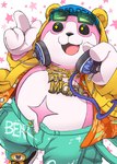 anthro belly bottomwear clothed clothing electronics eyewear footwear fur glasses headphones hip_hop hoodie jewelry male necklace open_bottomwear open_clothing open_hoodie open_pants open_topwear pants pink_body pink_fur shoes slightly_chubby sneakers solo topwear shirokumaou bear mammal hi_res