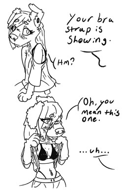 anthro blush blush_lines clothed clothing dialogue ear_piercing facial_piercing female flashing_bra fully_clothed gauged_ear navel navel_piercing nipple_outline nose_piercing offscreen_character piercing raised_clothing raised_shirt raised_topwear shirt shy shy_smile simple_background speech_bubble text thong_straps topwear toof_snoot bra_strap_showing_(meme) mary_(toof_snoot) canid canine canis domestic_dog hunting_dog mammal mixed_breed saluki sighthound 2:3 english_text hi_res meme monochrome