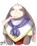 anthro brown_body brown_fur cupping_chin duo fur horn long_ears red_eyes scarf youzaiyouzai112 bandai_namco digimon antylamon digimon_(species) human lagomorph leporid mammal rabbit hi_res