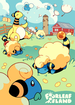 :3 ambiguous_gender anthro barn belly biped black_body blue_body blush countershade_belly countershading dandelion eating eyes_closed farm featureless_feet feet feral flower forehead_gem fur gem grass hay hay_bale holding_object markings one_eye_closed open_mouth outside plant quadruped semi-anthro sleeping standing striped_markings striped_neck striped_tail stripes tail tail_markings text thick_thighs white_body wool_(fur) yellow_body yellow_fur fourleafisland nintendo pokemon ampharos generation_2_pokemon jumpluff mareep pokemon_(species) 2025 artist_name hi_res