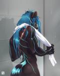 anthro biceps black_body black_fur blue_body blue_fur blue_hair butt fur hair male muscular muscular_anthro muscular_male nude red_eyes solo standing water wet hale. carmeo_(character) felid mammal pantherine 2018 4:5 hi_res