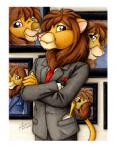 anthro border brown_eyes brown_hair brown_mane clothed clothing fur hair hand_mirror male mane mirror necktie photo solo suit tail tail_tuft topwear tuft white_border michele_light seven_deadly_sins felid lion mammal pantherine 2007 low_res marker_(artwork) signature traditional_media_(artwork)