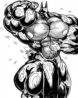 abs anthro belly big_muscles big_penis flexing flexing_bicep genitals huge_muscles huge_penis hyper hyper_genitalia hyper_muscles hyper_penis latex male mask muscular nipples pecs penis solo setrak canid canine mammal hi_res monochrome