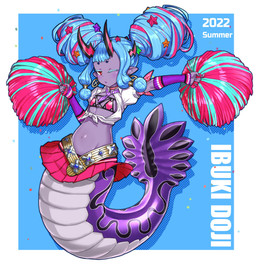 apode bikini blue_hair blush cheerleader cheerleader_outfit cheerleading_pose clothing dark_body dark_skin ear_piercing female flat_chested hair horn legless loli long_hair multicolored_hair navel one_eye_closed piercing pom_poms pose red_eyes scales serpentine split_form swimwear two-piece_swimsuit two_tone_hair young nagatake asian_mythology east_asian_mythology fate_(series) japanese_mythology mythology type-moon saber_ibuki-douji animal_humanoid demon draconcopode dragon dragon_humanoid humanoid lamia mythological_creature mythological_scalie oni reptile scalie snake yokai hi_res
