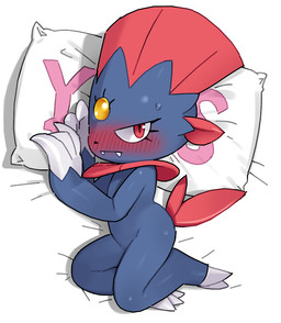 4_claws ambiguous_anthro ambiguous_gender anthro black_nose blue_body blue_fur blush blush_lines bodily_fluids claws eyelashes forehead_gem fur gem glistening glistening_arms looking_at_viewer lying mouth_closed narrowed_eyes on_side pillow print_pillow red_blush red_eyes red_tail small_nose solo sweat tail text_on_pillow white_sclera tosx nintendo pokemon generation_4_pokemon pokemon_(species) weavile 2025 digital_media_(artwork) shaded