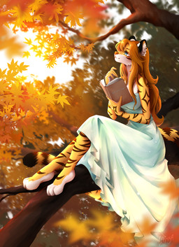 anthro autumn biped book breasts clothing detailed_background dress female female_anthro field fluffy forest heart_symbol light neckline outside plant reading solo sun sunlight sunset tail tree laffisa felid feline mammal pantherine tiger absurd_res hi_res