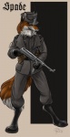 abstract_background anthro army athletic athletic_anthro athletic_male biped black_nose boots brown_body brown_fur brown_tail cigarette clothed clothing digitigrade dipstick_tail footwear fur german gloves gun handwear hat headgear headwear holding_gun holding_object holding_ranged_weapon holding_weapon male markings military military_uniform mp_40 multicolored_body multicolored_fur multicolored_tail nazi ranged_weapon shoes simple_background smoke smoking snout solo standing submachine_gun tail tail_markings two_tone_body two_tone_fur two_tone_tail uniform weapon white_body white_fur white_tail silber wehrmacht canid canine fox mammal 2006 full-length_portrait portrait signature