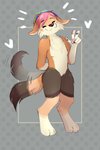 anthro blush clothing gesture heart_symbol male multicolored_clothing pawpads rainbow_clothing smile smiling_at_viewer solo tail tail_motion tailwag waving waving_at_viewer anonymous_artist sammy_contalies canid canine fennec_fox fox mammal true_fox 2:3 absurd_res hi_res